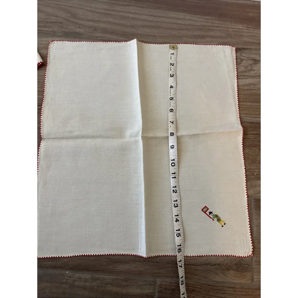 6 Embroidered Napkins With Red Edging & Boy 16